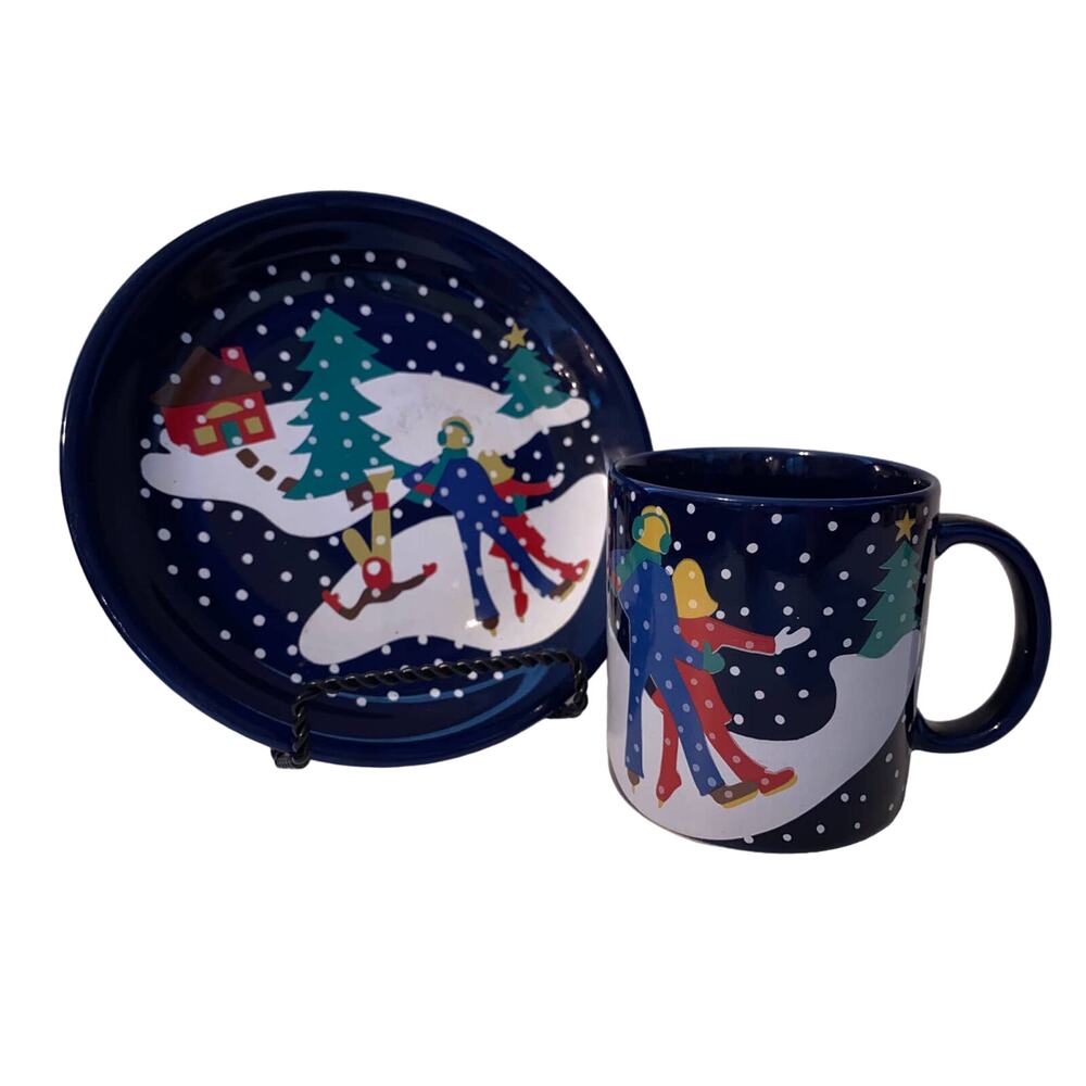 Vintage 1989 Lillian Vernon winter scenes dessert and mug set, Skaters, set of 2